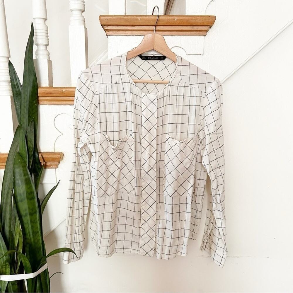 Zara Basic Button-Down Shirt White Black Windowpane Check Long Sleeve Size M